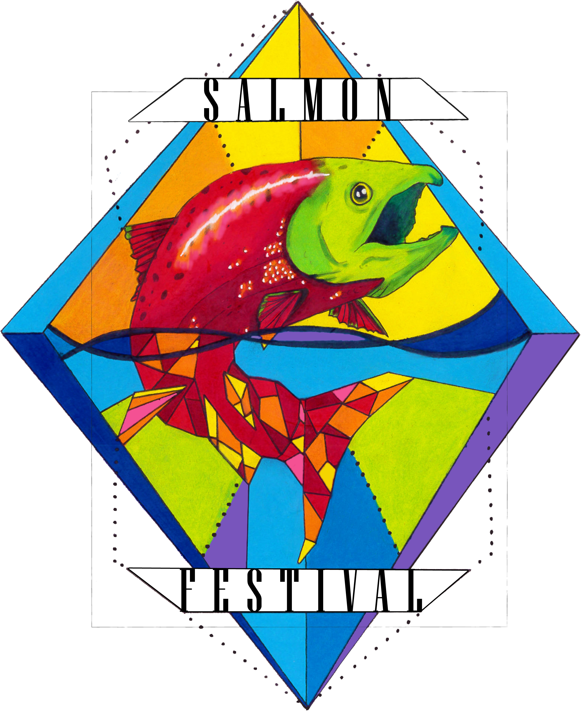 Colorful salmon jumping out of stained glass water.